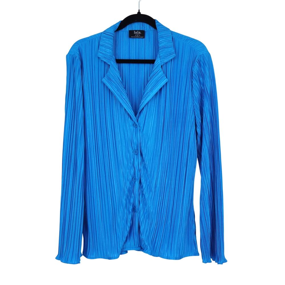 Dressed in Lala Plisse Button Up Shirt Blue Pleated Long Sleeve Women's M
